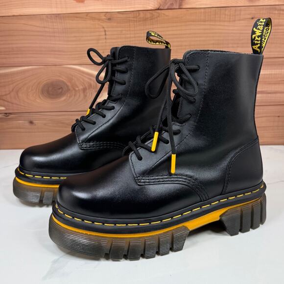 Dr. Martens Audrick Boot Black Leather Yellow Stitch Platform Women's size 8 - Picture 3 of 16